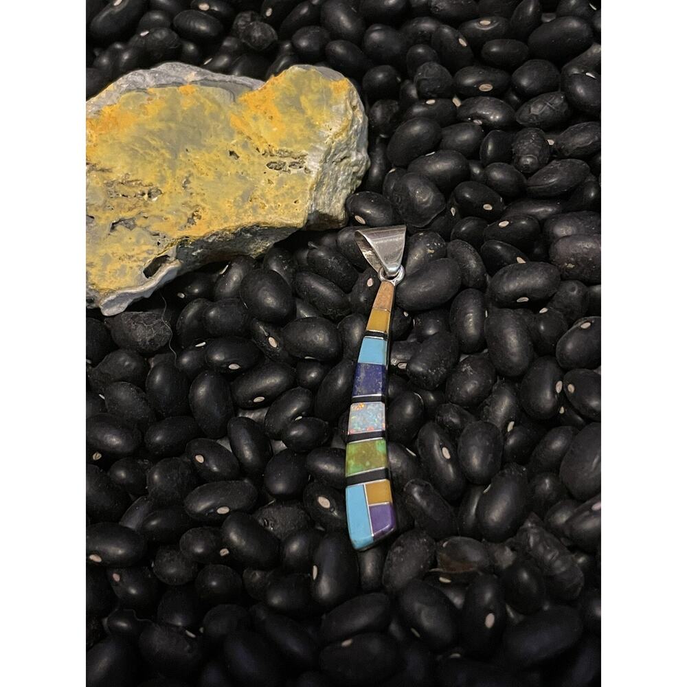 Native American Sterling Sw Inlaid Multistone Pendant Turquoise Opal Spiny Lapis